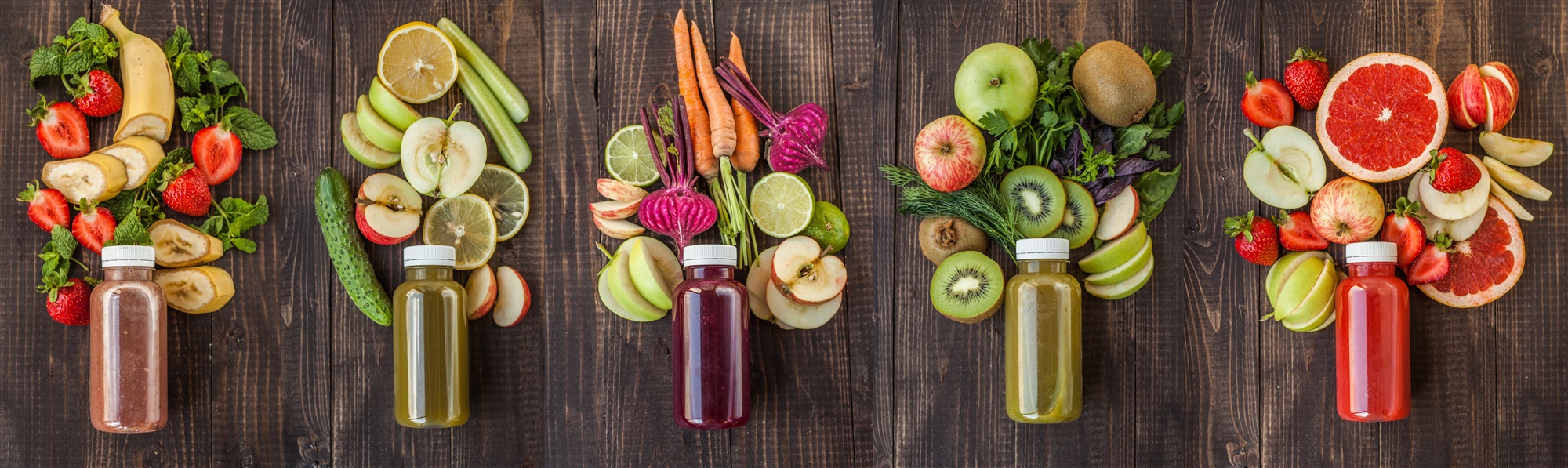 Colourful Juice Bottles With Ingredients