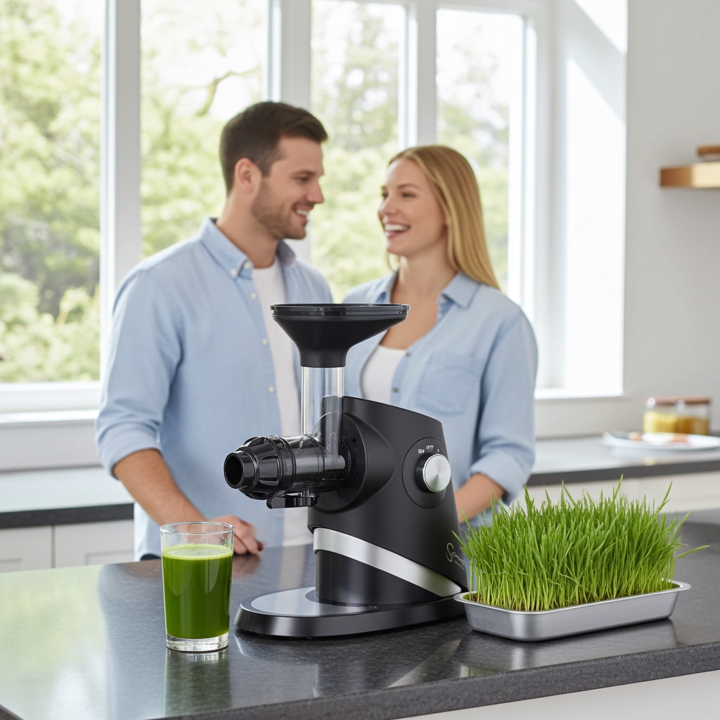 Young couple with the Sana 727 highlighting wheatgrass juice