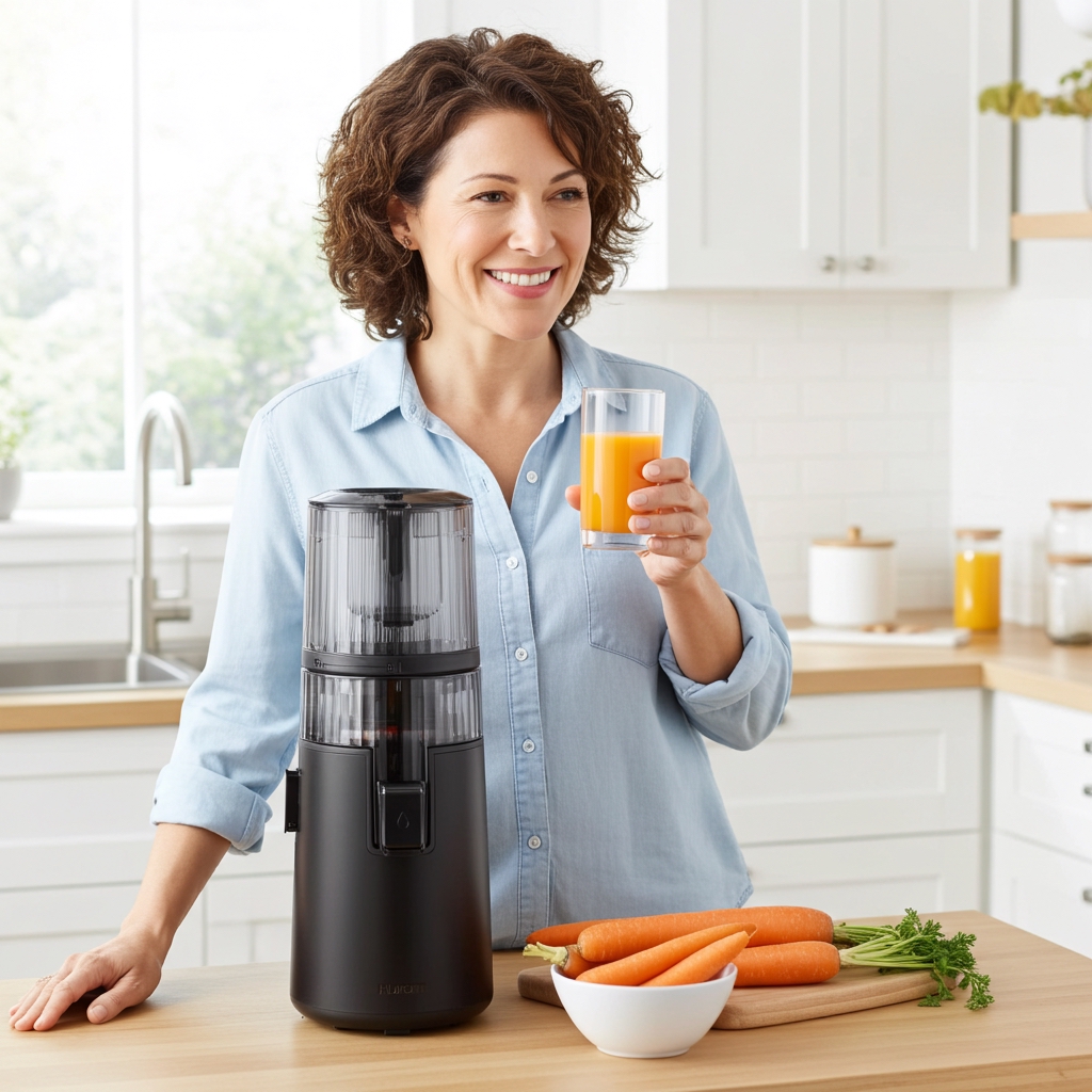 Smiling lady enjoys carrot juice from the Hurm H70