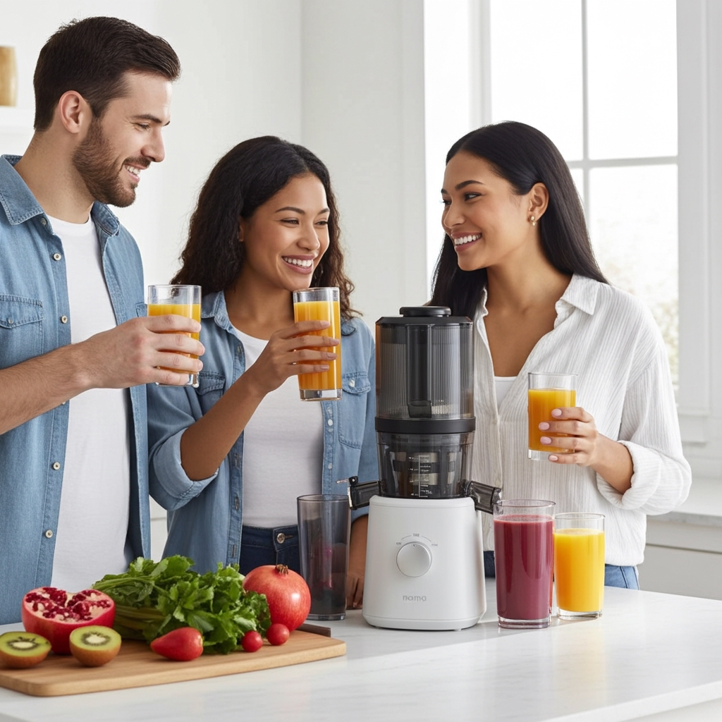Young people enjoying juicing with the Nama J2